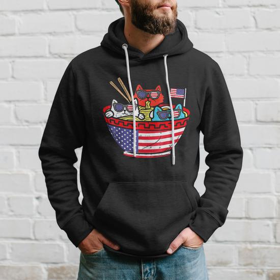 Cats Ramen Anime American Flag Usa Funny 4Th Of July Fourth Hoodie