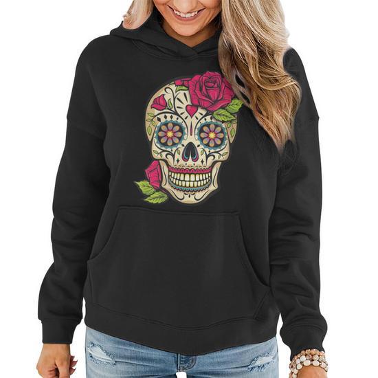 Pink Rose Sugar Skull Dia De Los Muertos Mexican Halloween Women Hoodie Graphic Print Hooded Sweatshirt Thegiftio UK