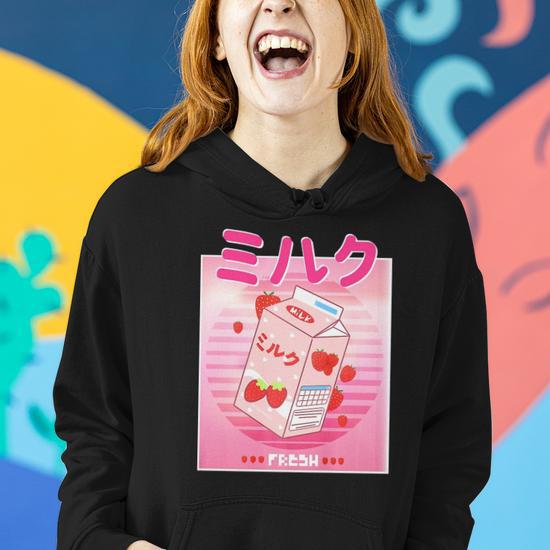 Funny 90 S Vaporwave Japanese Strawberry Milk Carton Kawaii Women Hoodie Mazezy