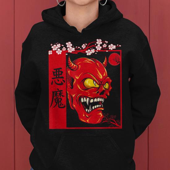 Japanese Demon Face Skull Women Hoodie Graphic Print Hooded Sweatshirt Thegiftio UK