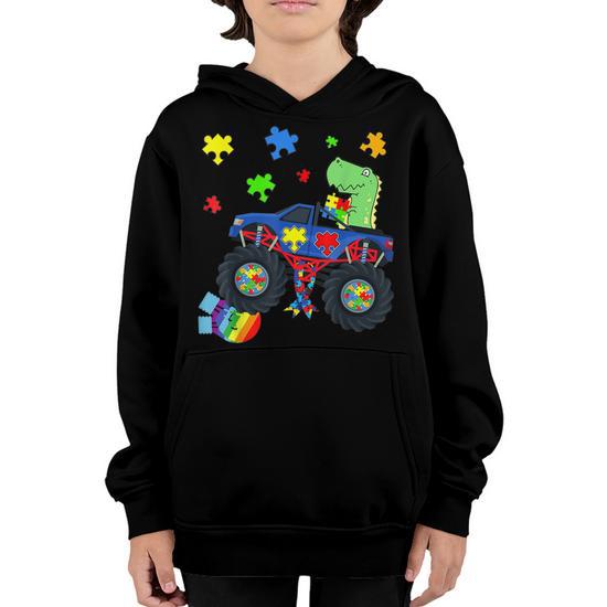 Dinosaur Monster Truck Autism Awareness Puzzle For Boys Youth Hoodie Thegiftio UK