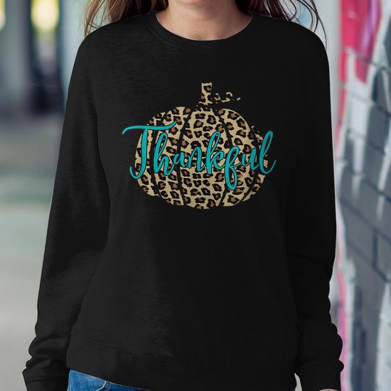 Leopard Print Pumpkin Thankful Autumn Fall Turquoise Cheetah Sweatshirt Thegiftio UK