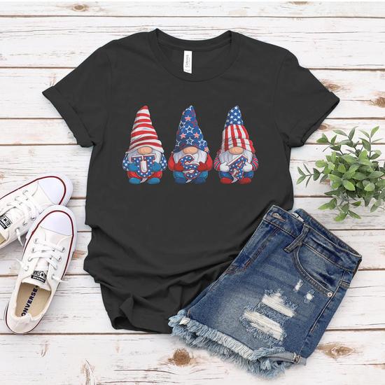 Women's American Flag V-Neck Tee - Patriotic 4th Of July Shirt, Stars & Stripes Graphic, Gray, Small
