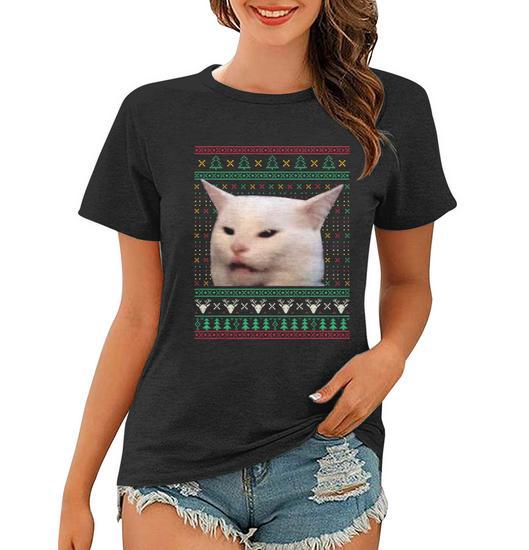 Woman Yelling At A Cat Ugly Xgiftmas Sweaters Funny Meme Dress Gift Graphic  Design Printed Casual Daily Basic Women T-shirt