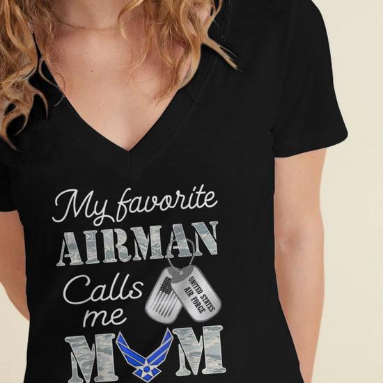 My Favorite Airman Calls Me Mom Women's Jersey Short Sleeve Deep V-Neck T-Shirt, Gifts for Mom