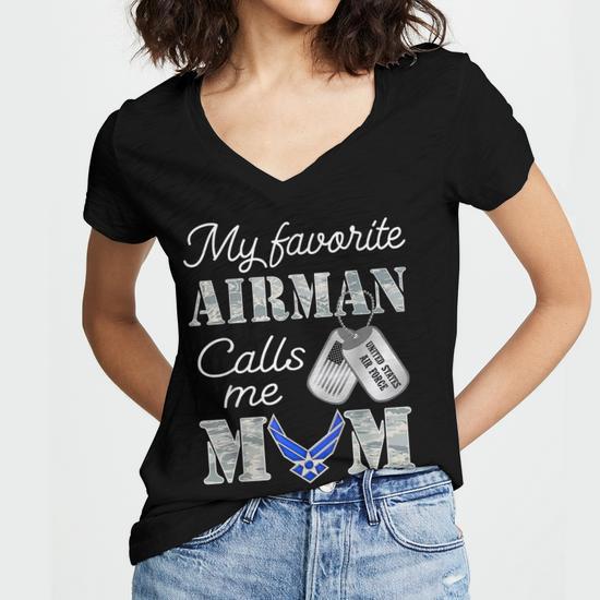 My Favorite Airman Calls Me Mom Women's Jersey Short Sleeve Deep V-Neck T-Shirt, Air Force Mom Gift