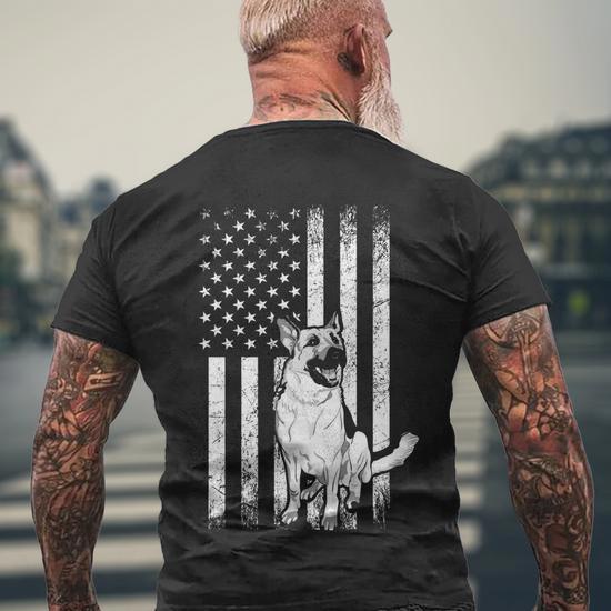 Patriotic German Shepherd American Flag Dog Lover Gift V4 Men s Crewneck Short Sleeve Back Print T shirt Monsterry