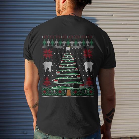 Dental Christmas Tooth Brush Christmas Tree Ugly Sweater Men s T shirt Back Print Thegiftio UK