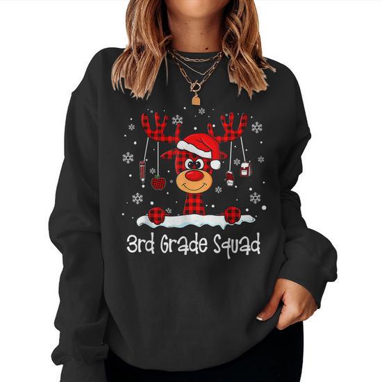 3Rd Grade Squad Plaid Reindeer Santa Hat Teacher Christmas Women Crewneck Graphic Sweatshirt Thegiftio UK