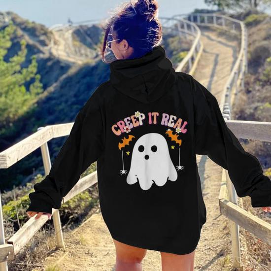 Creep It Real Ghost Kids Boys Girls Halloween Costume Aesthetic Words Graphic Back Print Hoodie Gift For Teen Girls Thegiftio UK