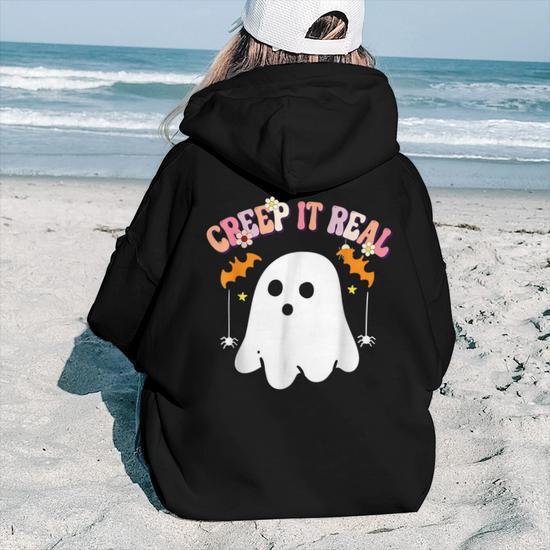 Creep It Real Ghost Kids Boys Girls Halloween Costume Aesthetic Words Graphic Back Print Hoodie Gift For Teen Girls Thegiftio UK