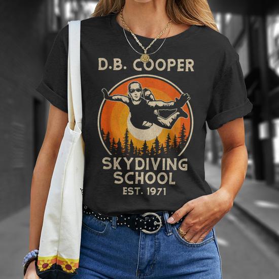 DB Cooper Skydiving School Unisex T-Shirt - Close-Up Detail