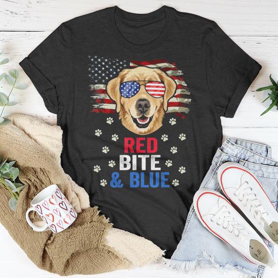 Red Bite Blue Dog 4Th Of July Golden Retriever Usa Flag T shirt Thegiftio UK