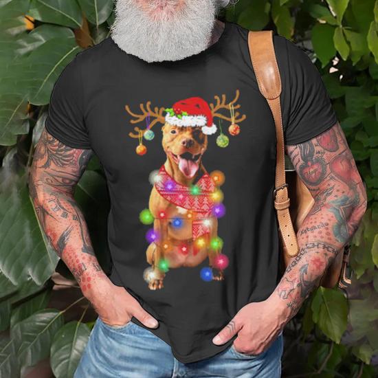 Funny Pitbull Santa Hat Xmas Lights Dog Men Women T shirt Graphic Print Casual Unisex Tee Thegiftio UK