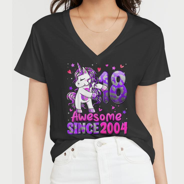 18 Years Old Unicorn Flossing 18Th Birthday Girl Unicorn Women V-Neck T-Shirt