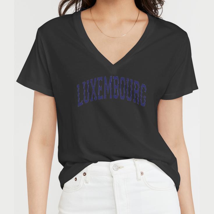 Luxembourg Varsity Style Navy Blue Text Women V-Neck T-Shirt