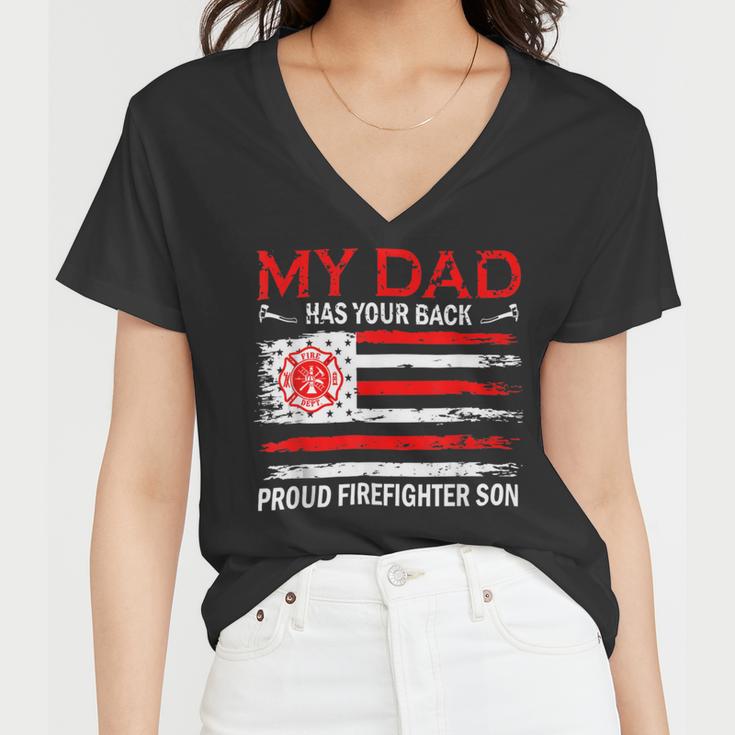 Firefighter Retro My Dad Has Your Back Proud Firefighter Son Us Flag V2 Women V-Neck T-Shirt