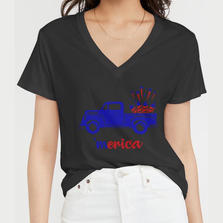 4Th Of July Meria Truck Fireworks Freedom Women V-Neck T-Shirt