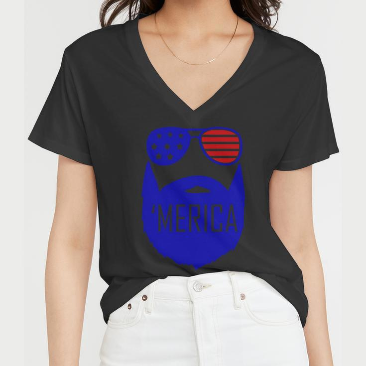 4Th Of July Merica Bearded Glasses Proud American Women V-Neck T-Shirt