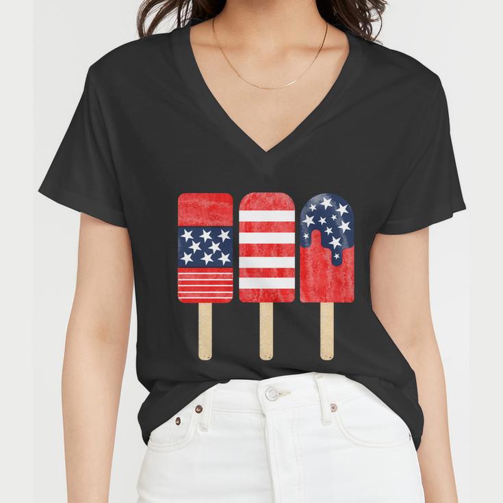 4Th Of July Popsicle Red White Blue American Flag Patriotic Women V-Neck T-Shirt