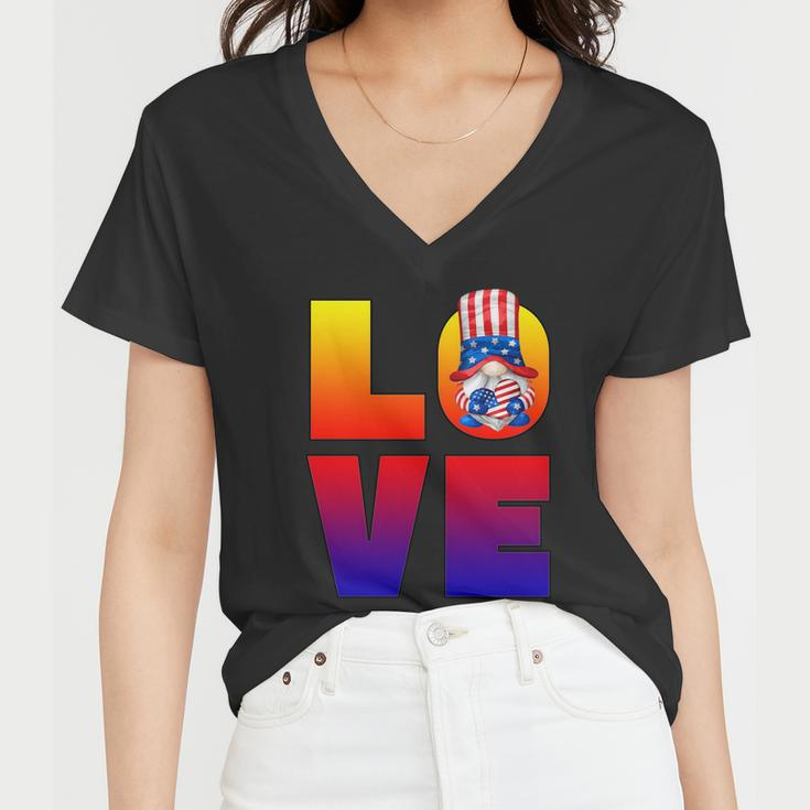 American Flag Gnome Shows Love Patriotic Heart 4Th Of July Gift Women V-Neck T-Shirt