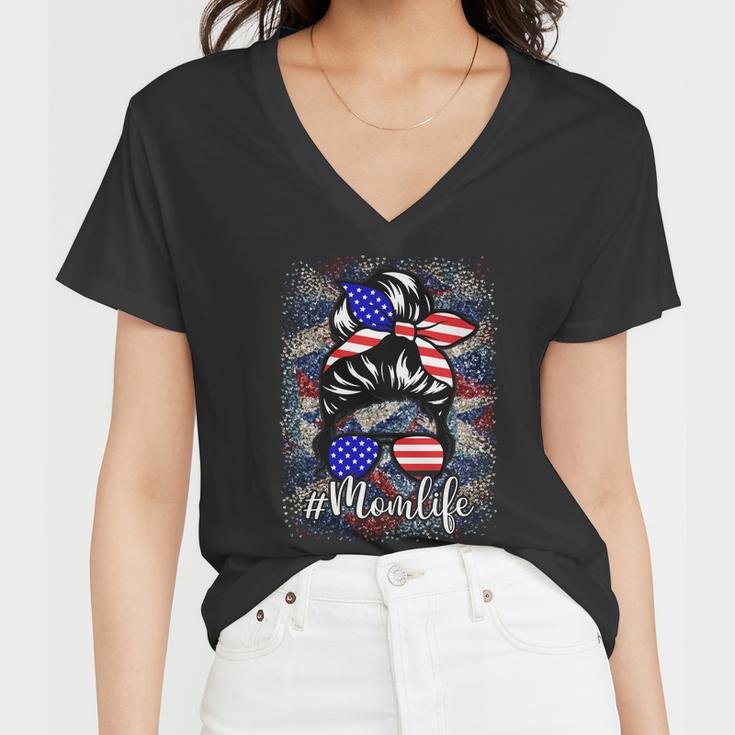 American Flag Mom Life 4Th Of July Women V-Neck T-Shirt