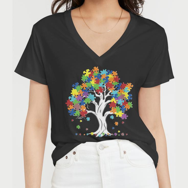 Autism Awareness Puzzle Piece Tree Women V-Neck T-Shirt