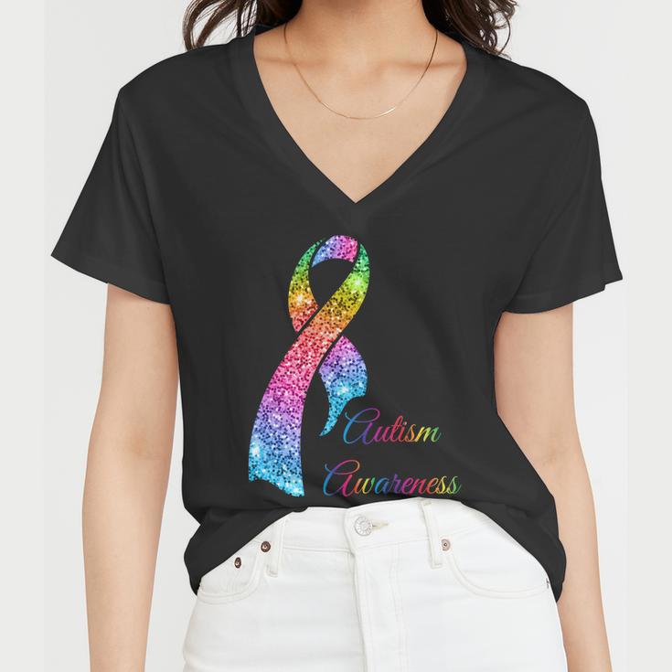 Autism Awareness Sparkle Glitter Ribbon Tshirt Women V-Neck T-Shirt