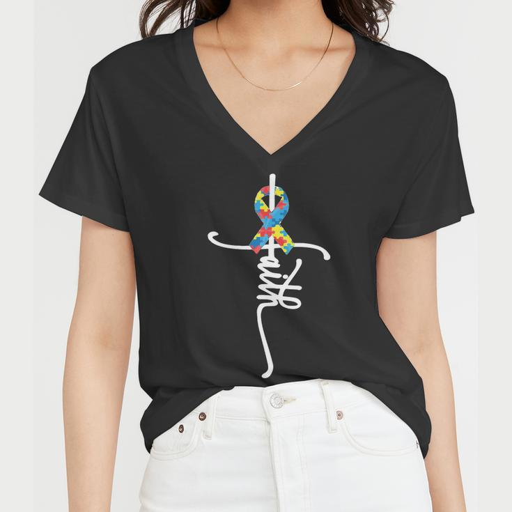 Autism Faith Puzzle Ribbon Tshirt Women V-Neck T-Shirt
