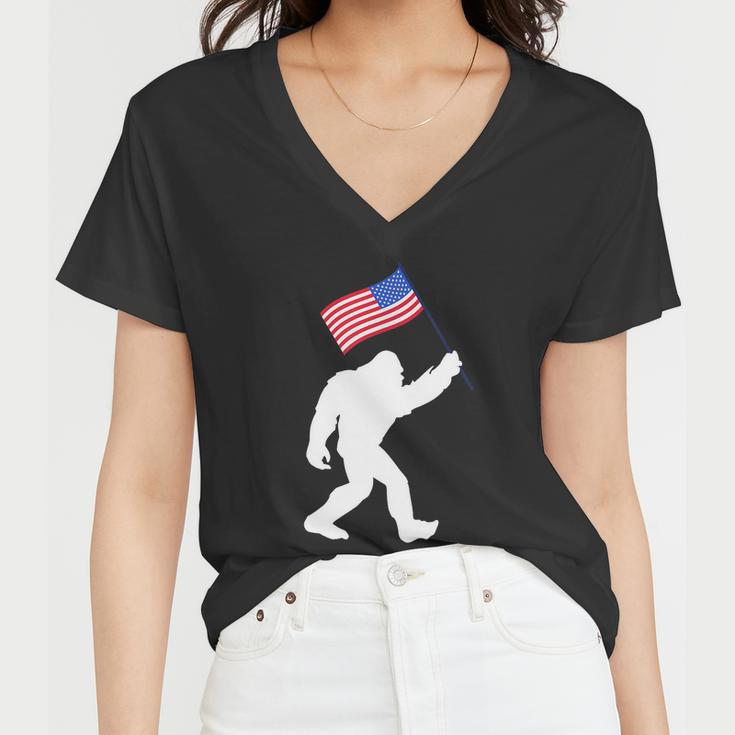 Bigfoot With American Flag Funny 4Th Of July Meaningful Gift Women V-Neck T-Shirt