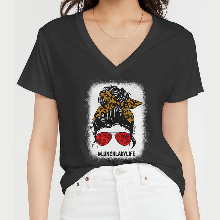 Bleached Lunch Lady Messy Bun Hair Leopard Print Sunglasses Cool Gift Women V-Neck T-Shirt