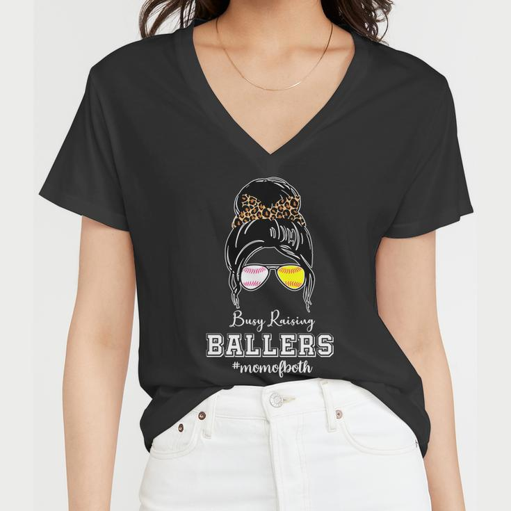 Busy Raising Ballers Mom Of Both Baseball Softball Messy Bun Sticker Features De Women V-Neck T-Shirt