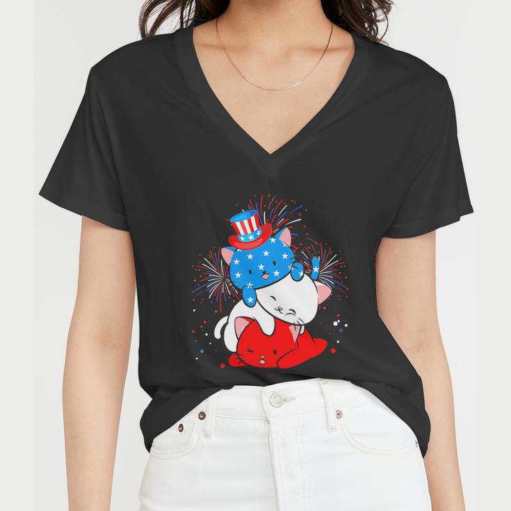 Cat Lovers American Flag 4Th Of July Funny Women V-Neck T-Shirt