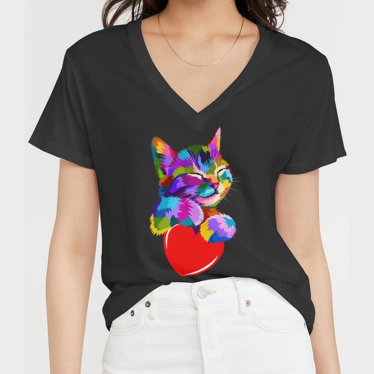 Colorful Cat Full Of Love Kitten Lovers Women V-Neck T-Shirt