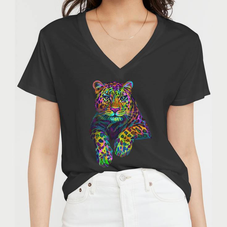 Colorful Neon Leopard Jaguar Portrait Tshirt Women V-Neck T-Shirt