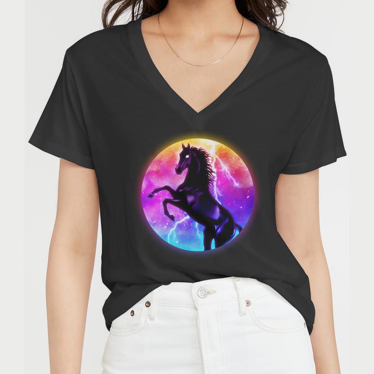 Colorful Retro 80S Eighties Lightning Galaxy Horse Women V-Neck T-Shirt