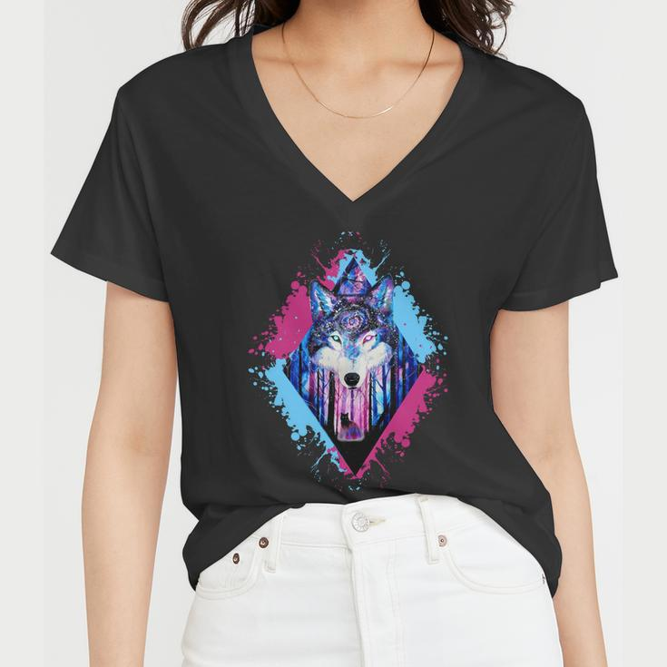 Colorful Wolf Painting Wolves Lover Women V-Neck T-Shirt