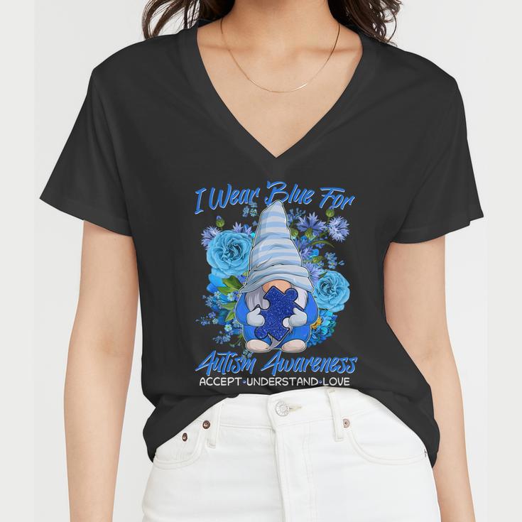 Cool I Wear Blue For Autism Awareness Accept Understand Love Flower Gnome Tshirt Women V-Neck T-Shirt