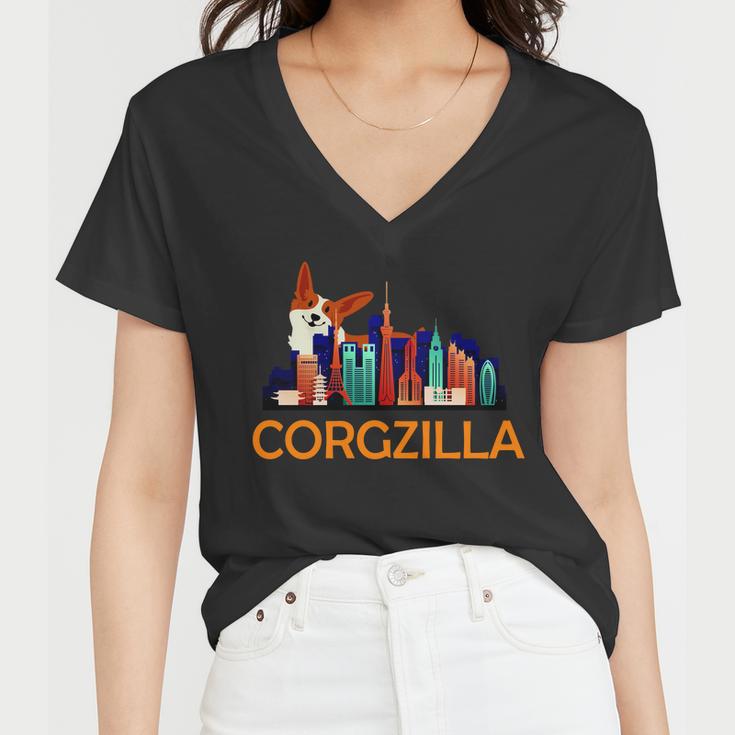 Corgzilla Funny Corgi Dog Women V-Neck T-Shirt