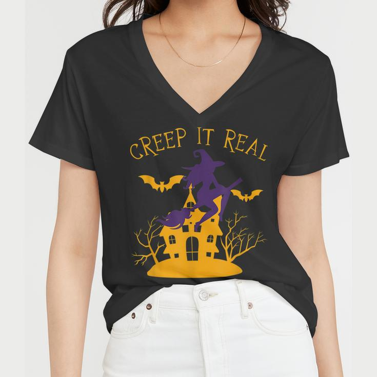 Creep It Real Witch Broom Funny Spooky Halloween Women V-Neck T-Shirt
