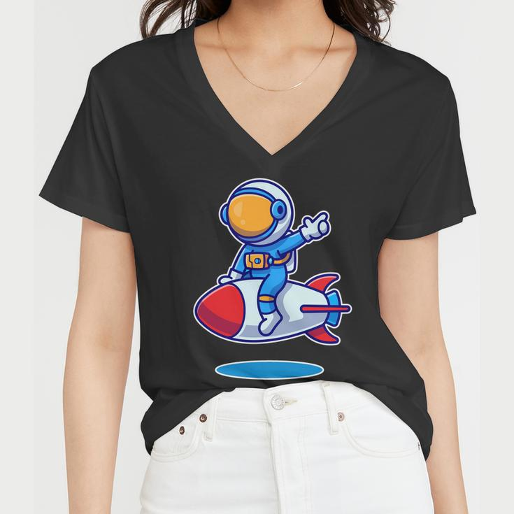 Cute Astronaut On Rocket Cartoon Women V-Neck T-Shirt