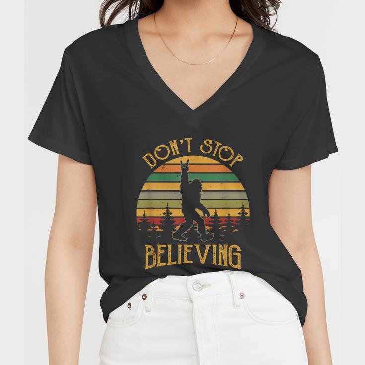 Dont Stop Believing Bigfoot Rock And Roll Retro Sasquatch Women V-Neck T-Shirt