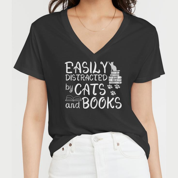Easily Distracted By Cats And Books Funny Book Lover Women V-Neck T-Shirt