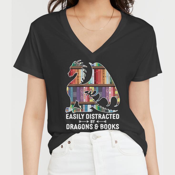 Easily Distracted By Dragons And Books Fantasy Book Lover Women V-Neck T-Shirt