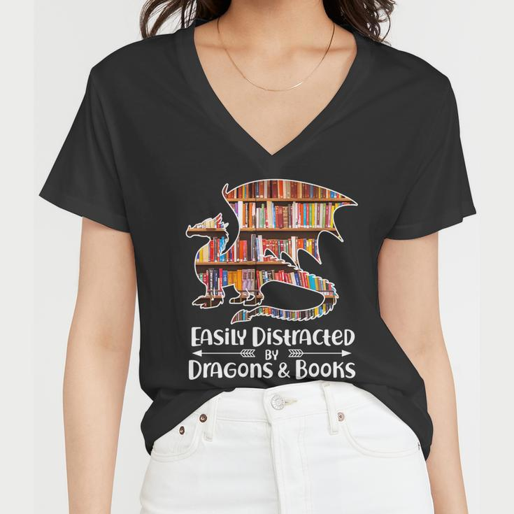 Easily Distracted By Dragons And Books V2 Women V-Neck T-Shirt
