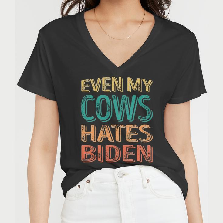 Even My Cows Hates Biden Funny Anti Biden Cow Farmers Women V-Neck T-Shirt