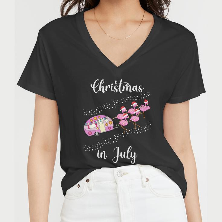 Funny Flamingo Pink Retro Camping Car Christmas In July Great Gift Women V-Neck T-Shirt