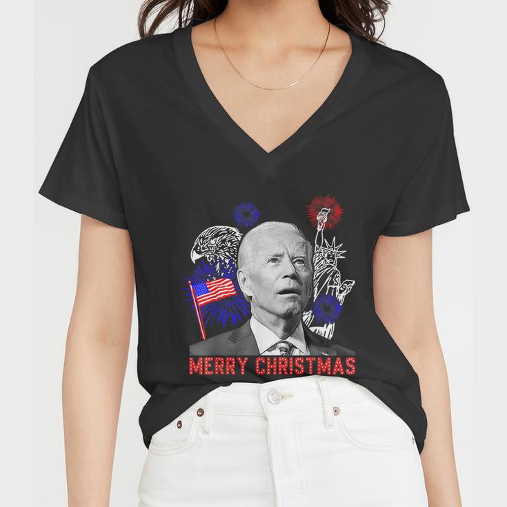 Funny Joe Biden Happy Christmas In July Usa Flag V2 Women V-Neck T-Shirt