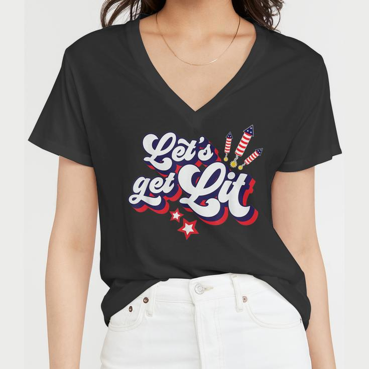 Funny Lets Get Lit Fireworks 4Th Of July Retro Vintage Women V-Neck T-Shirt