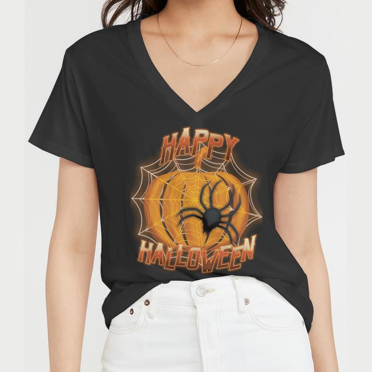 Happy Halloween Spiderweb Pumpkin Women V-Neck T-Shirt